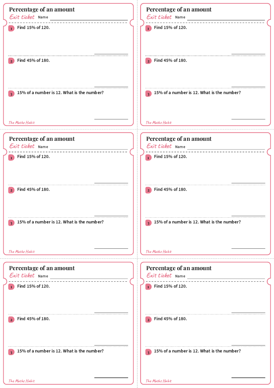 Exit ticket: Percentage of an amount, first page