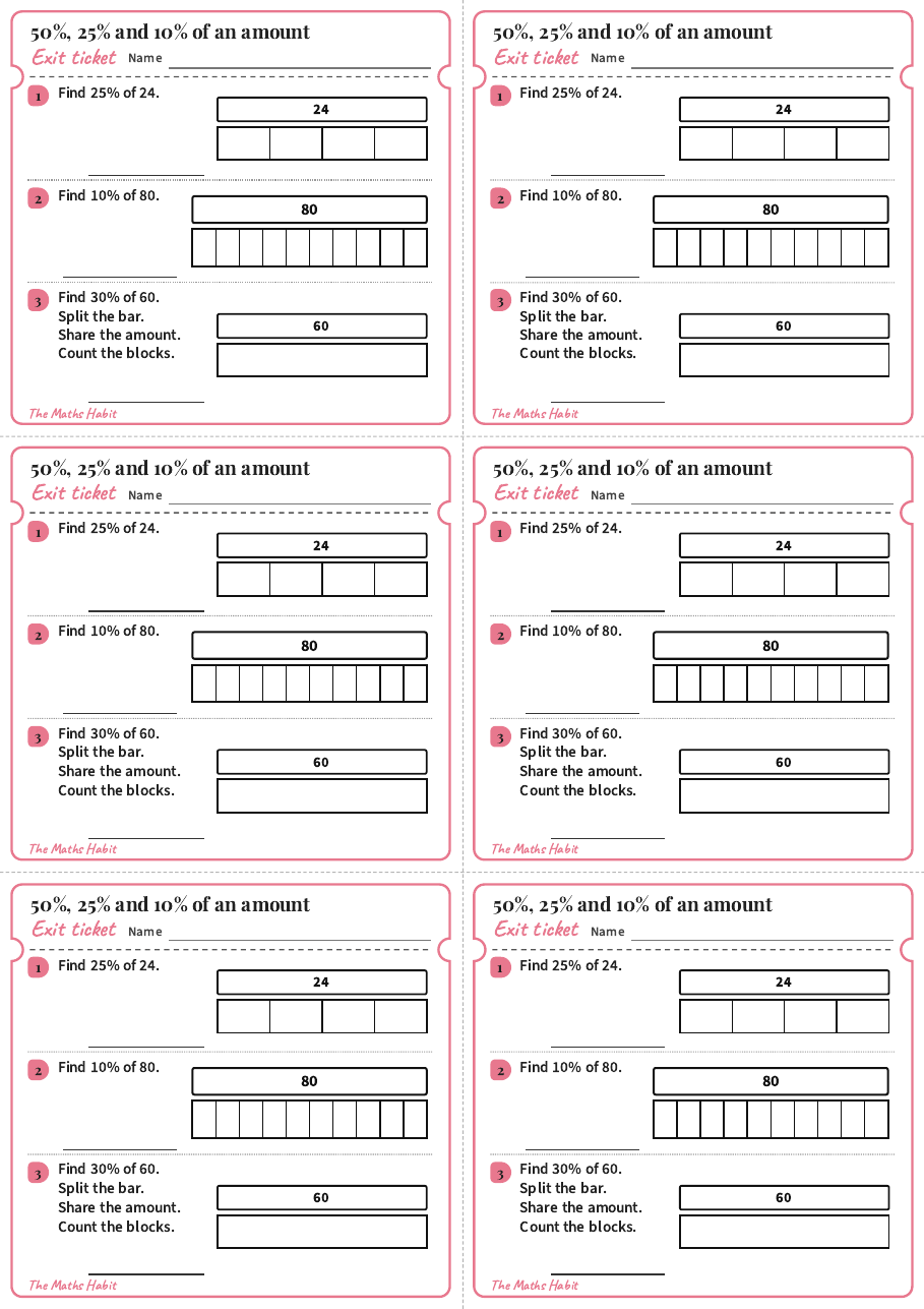 Exit ticket: 50%, 25% and 10% of an amount, first page