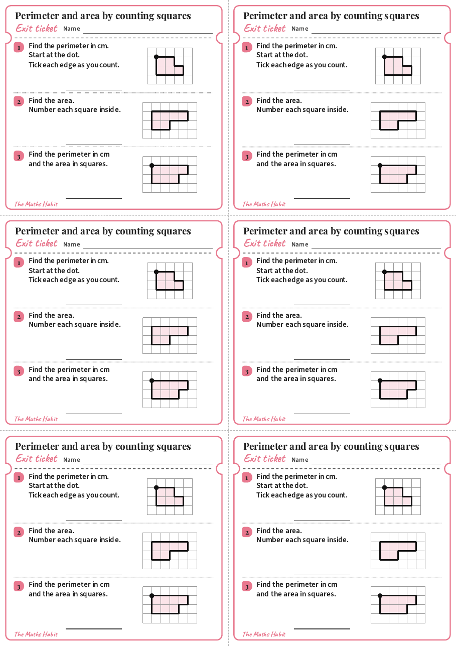 Exit ticket: Perimeter and area by counting squares, first page