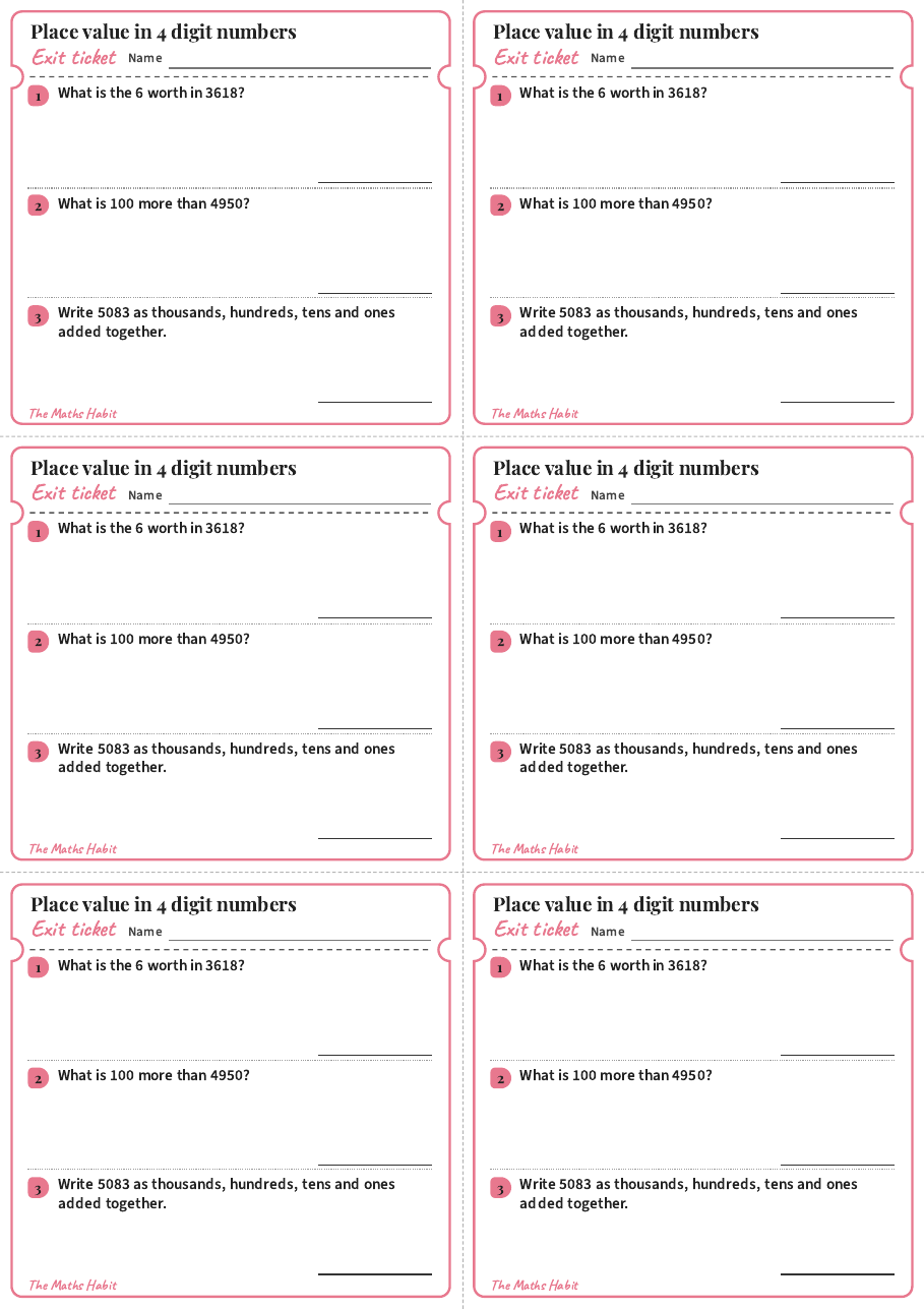Place value in 4 digit numbers, exit tickets