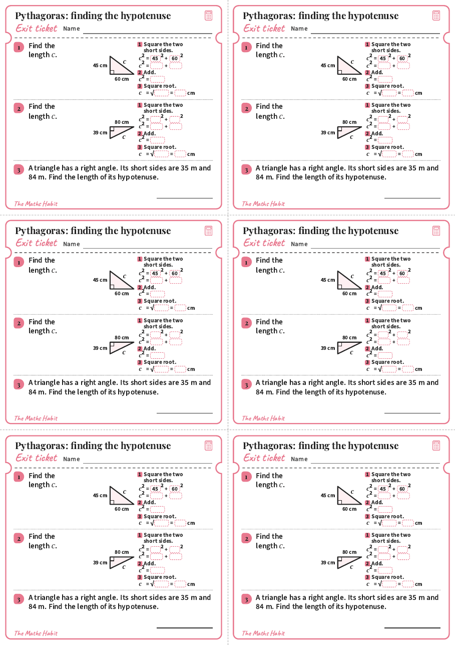 Pythagoras: finding the hypotenuse, exit tickets