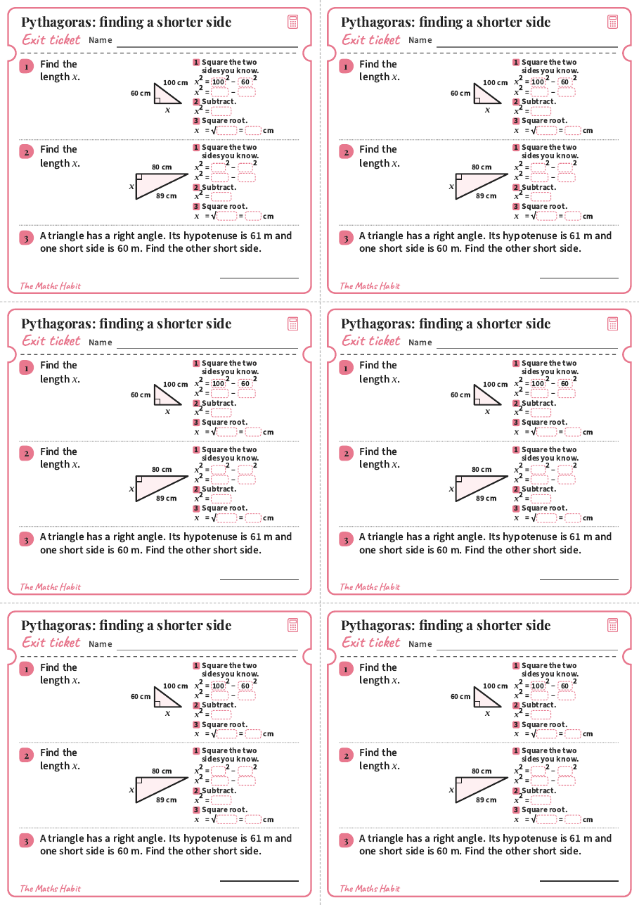 Pythagoras: finding a shorter side, exit tickets