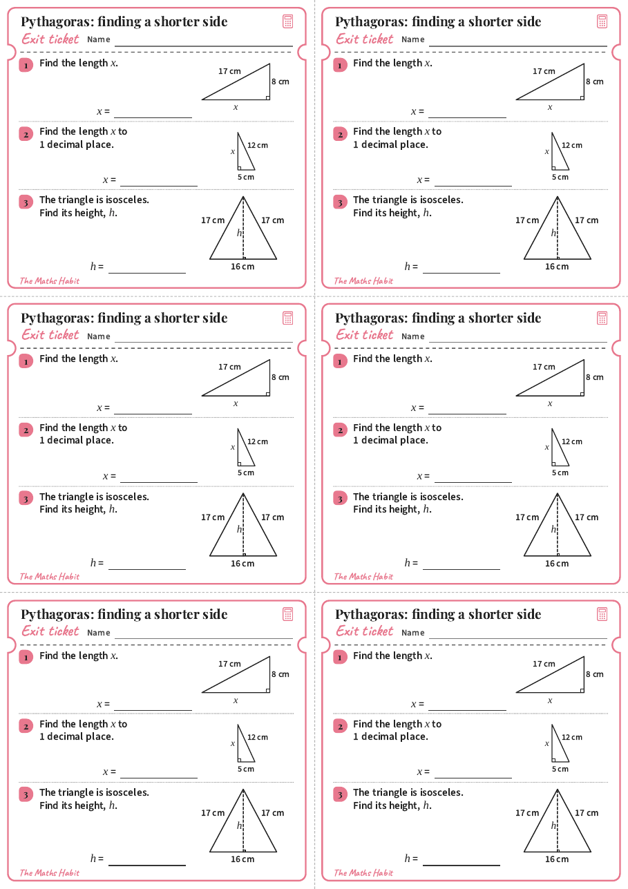 Pythagoras: finding a shorter side, exit tickets