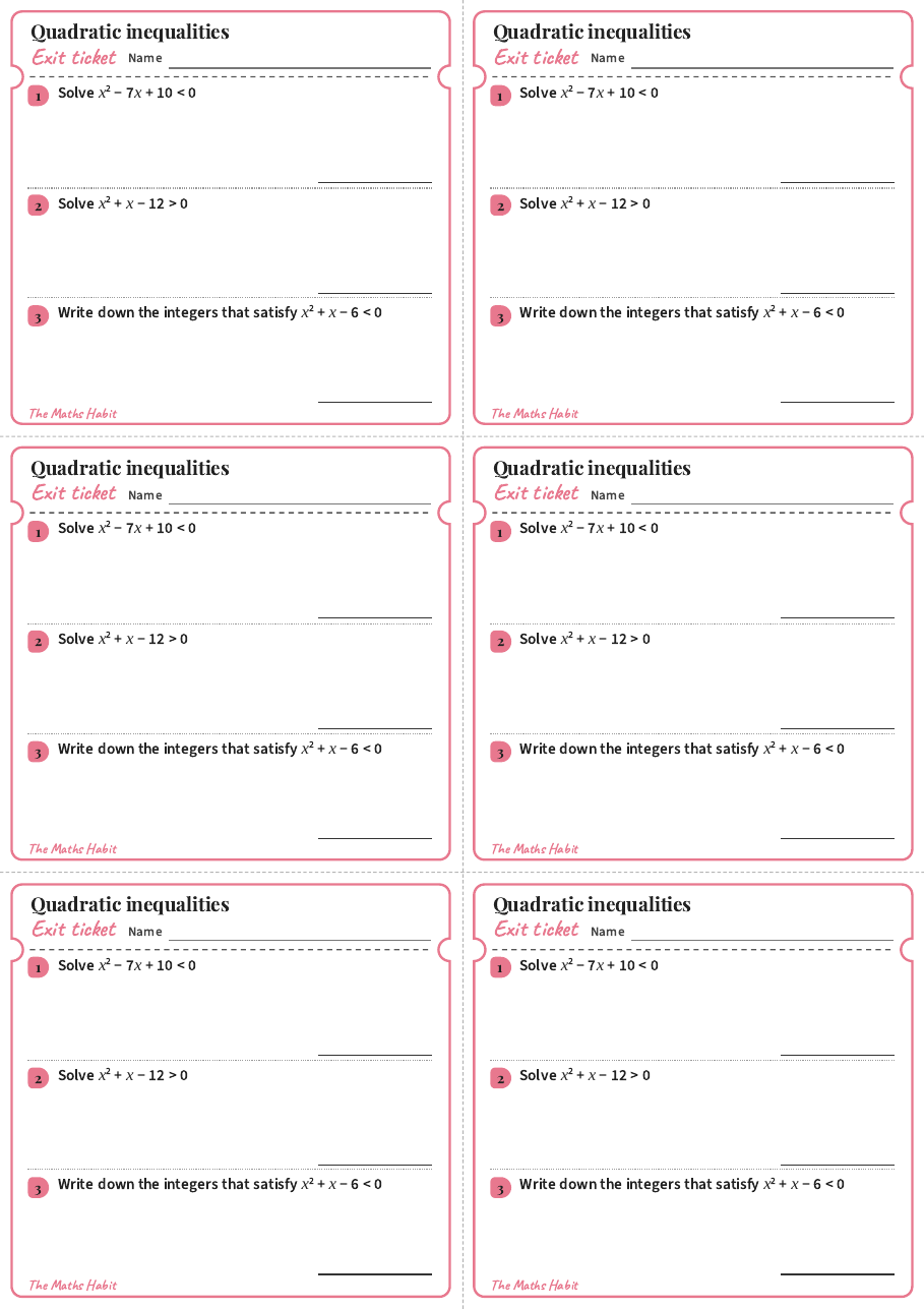 Quadratic inequalities, exit tickets