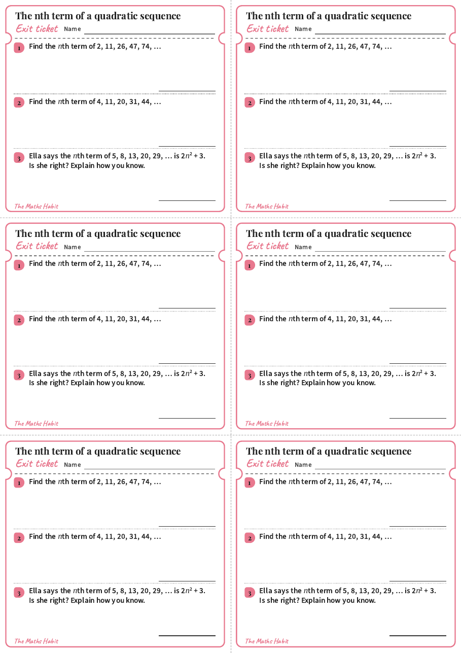 The nth term of a quadratic sequence, exit tickets