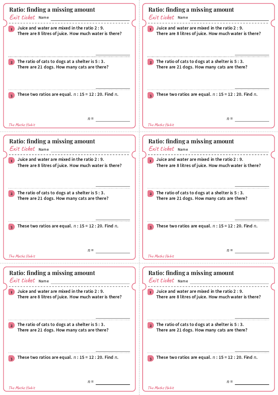Ratio: finding a missing amount, exit tickets