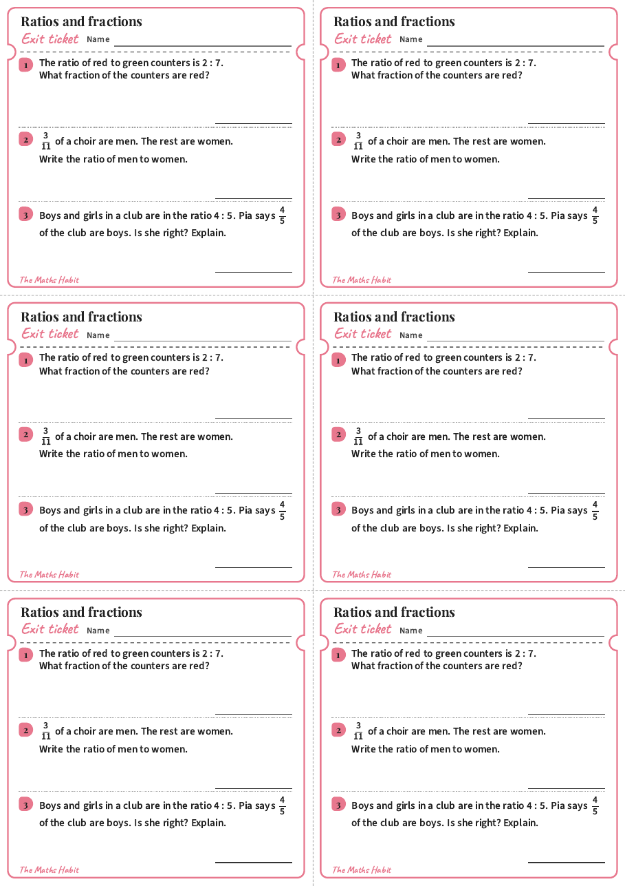 Exit ticket: Ratios and fractions, first page