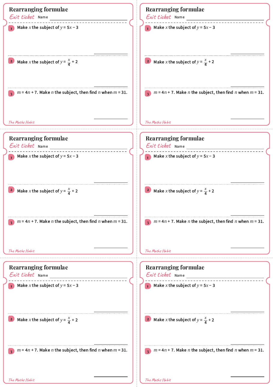 Rearranging formulae, exit tickets