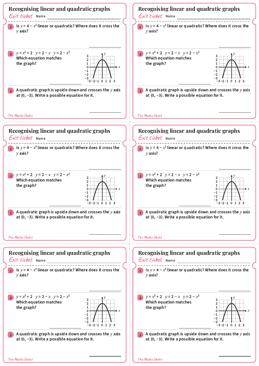 Recognising linear and quadratic graphs, exit tickets