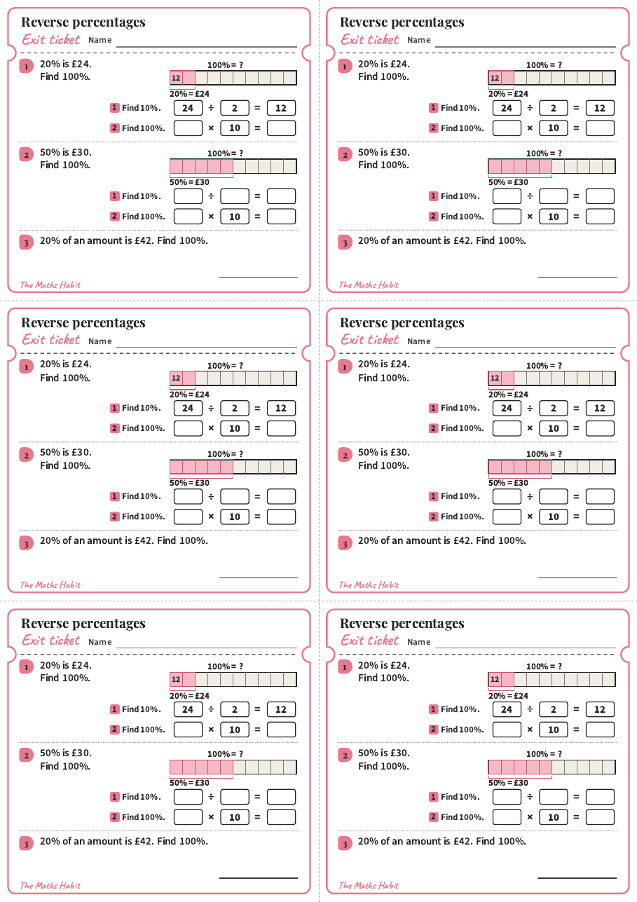 Reverse percentages, exit tickets