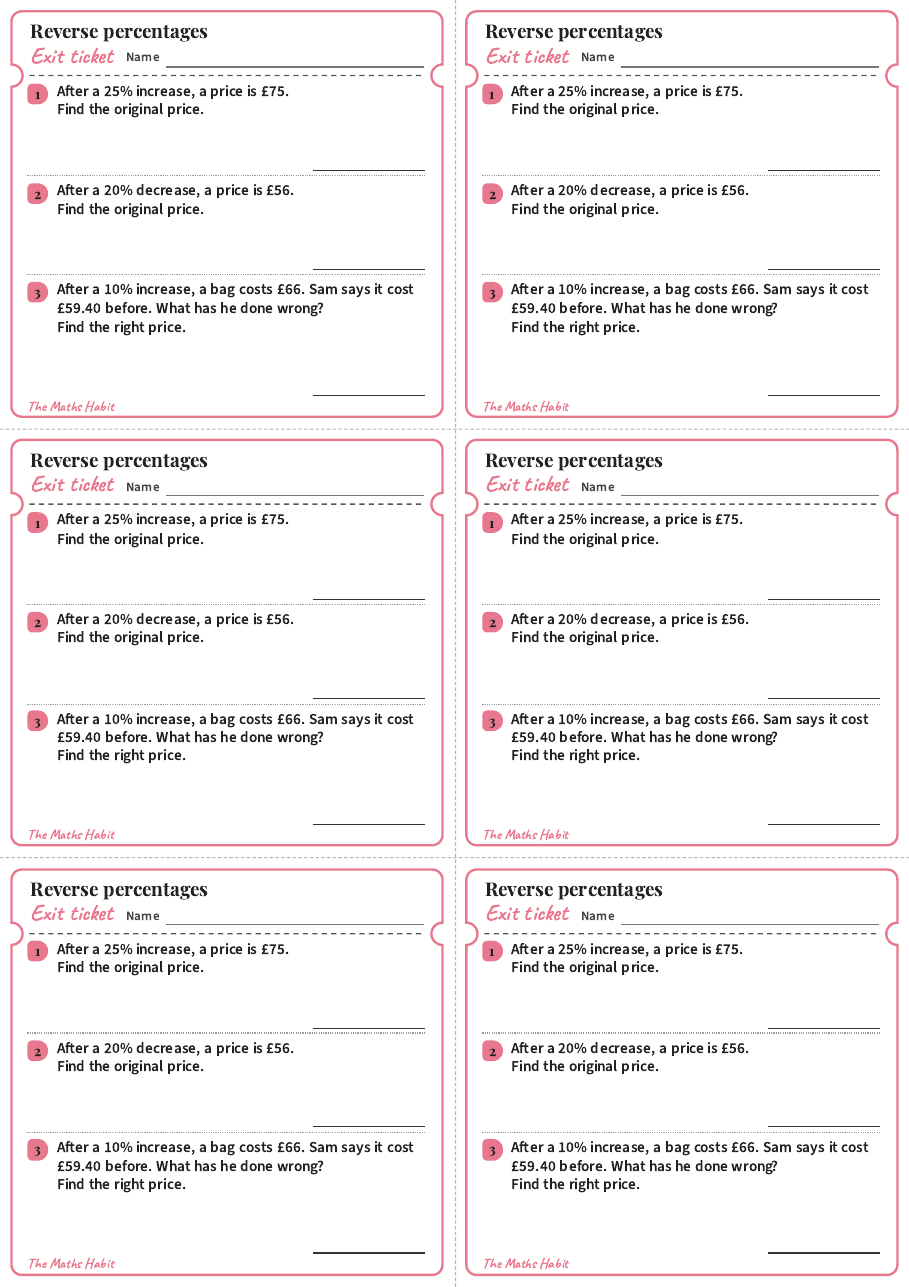 Exit ticket: Reverse percentages, first page