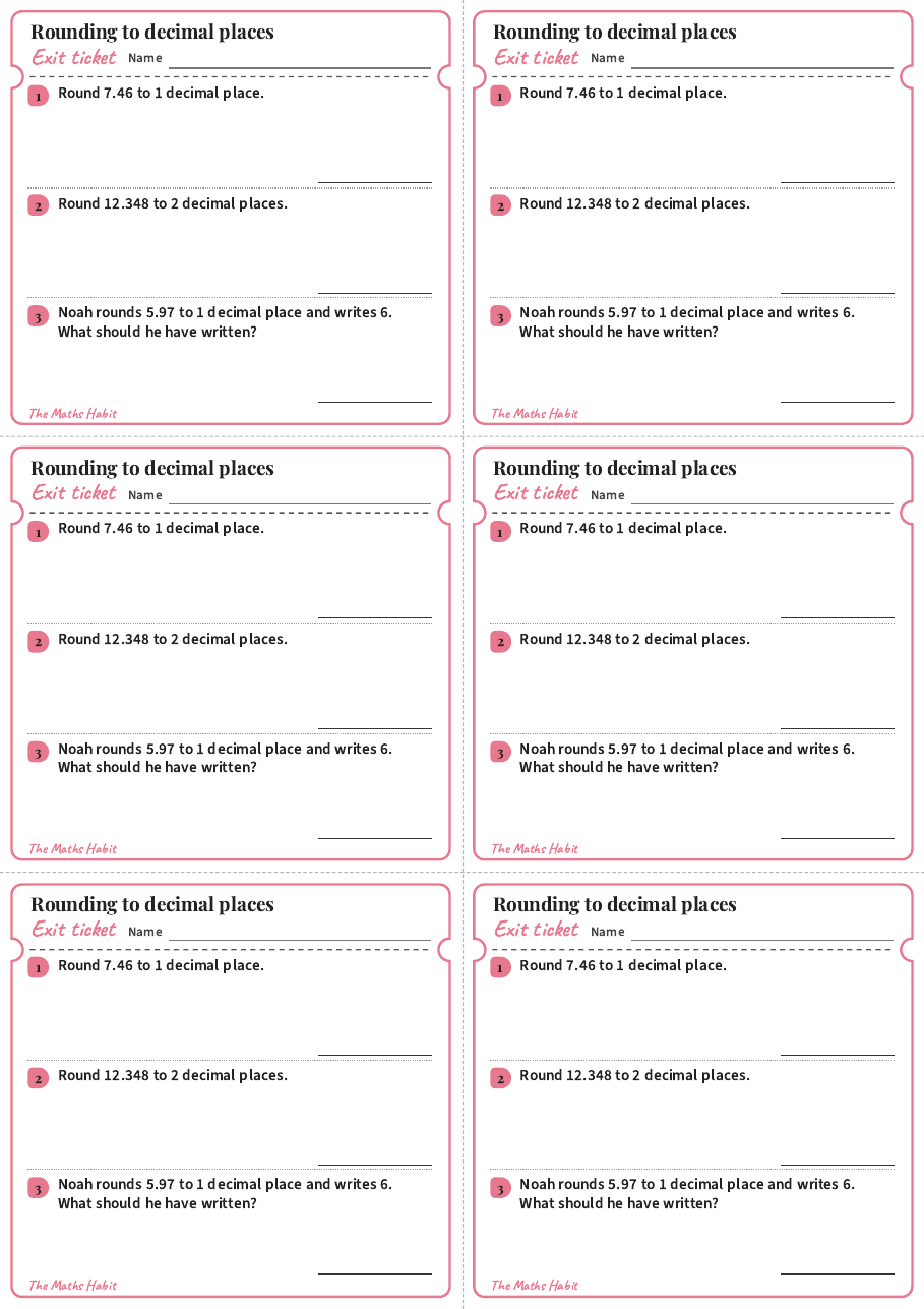 Exit ticket: Rounding to decimal places, first page
