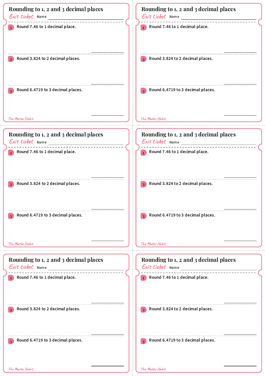 Exit ticket: Rounding to 1, 2 and 3 decimal places, first page