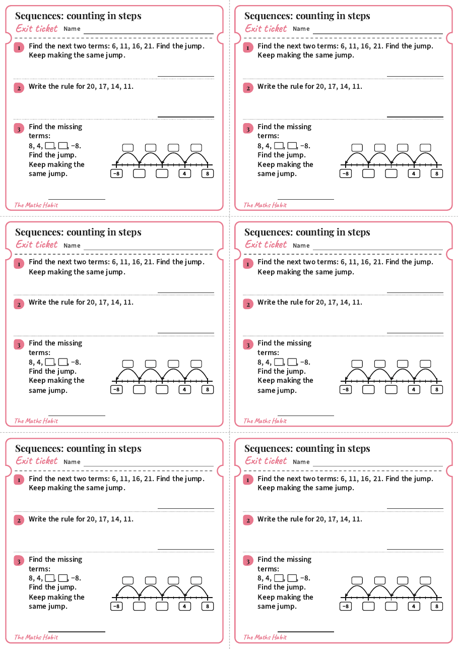 Sequences: counting in steps, exit tickets