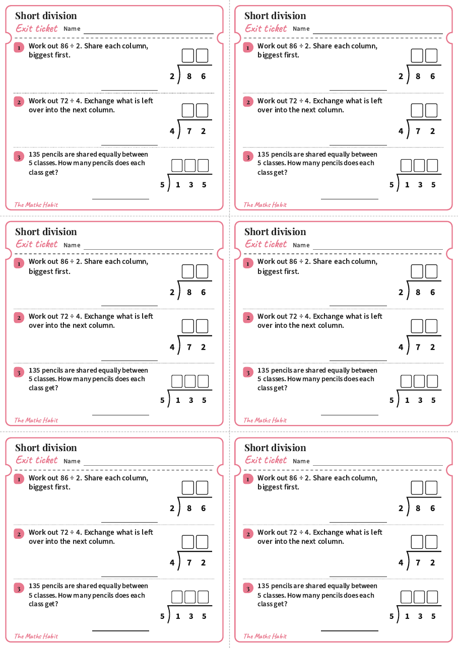 Exit ticket: Short division, first page