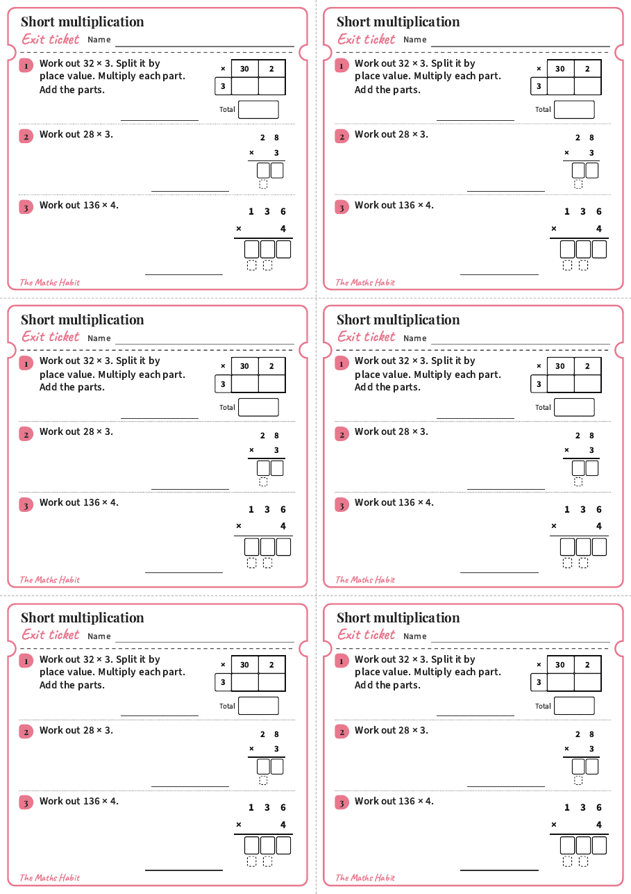 Exit ticket: Short multiplication, first page
