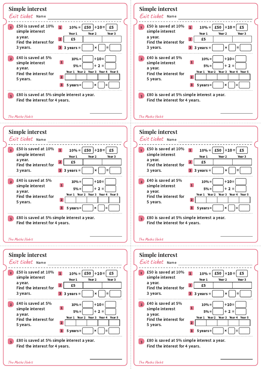 Exit ticket: Simple interest, first page