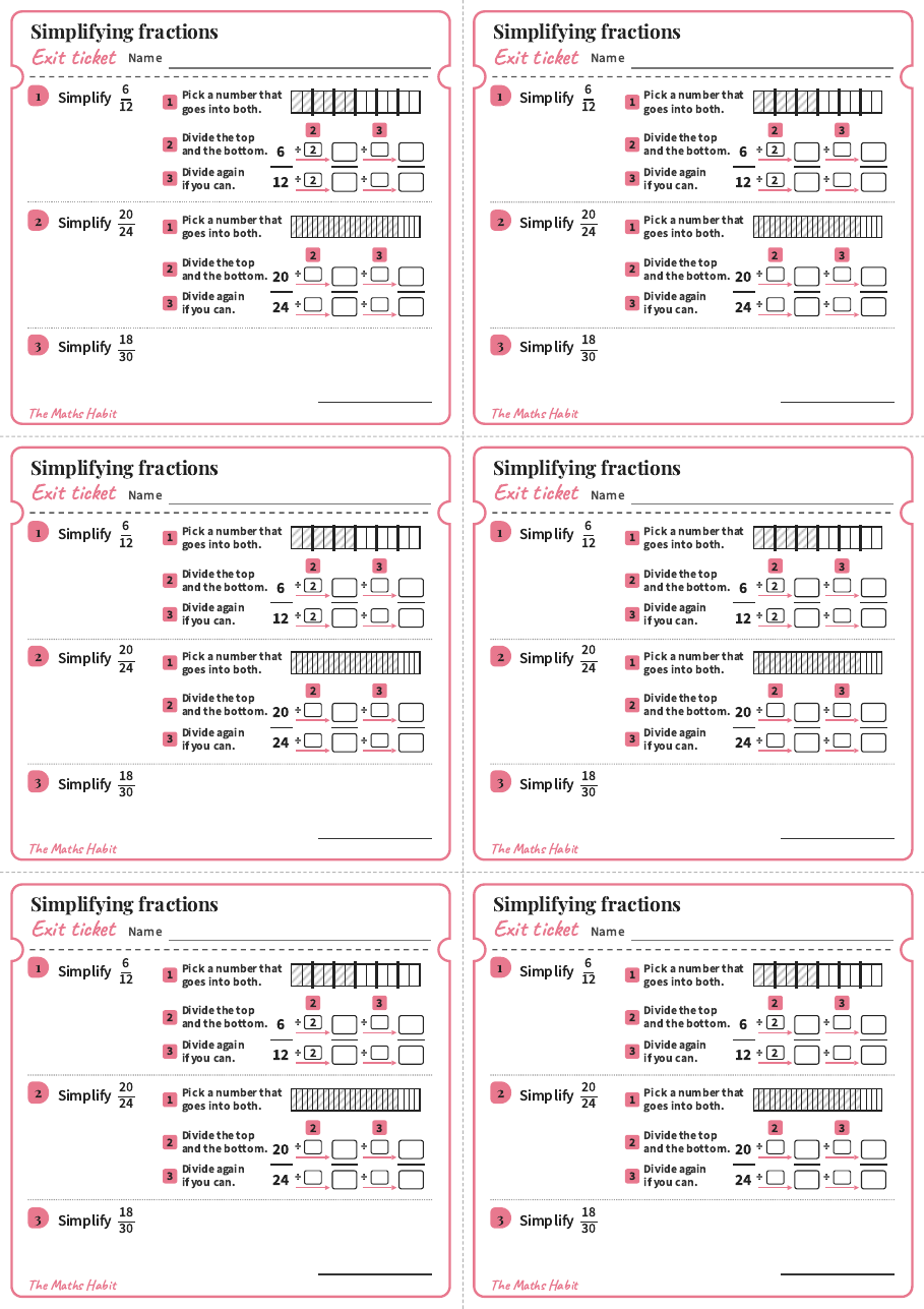 Simplifying fractions, exit tickets