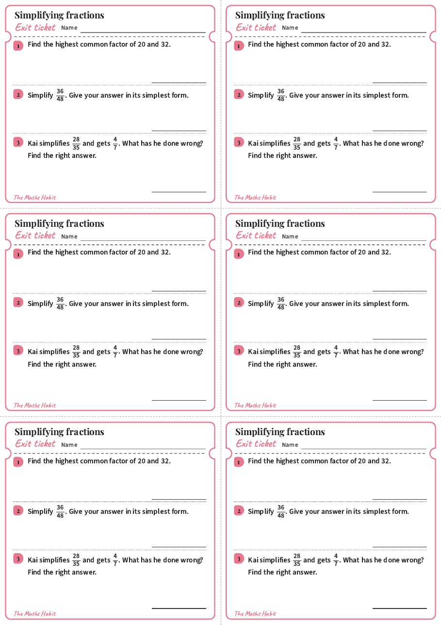 Exit ticket: Simplifying fractions, first page
