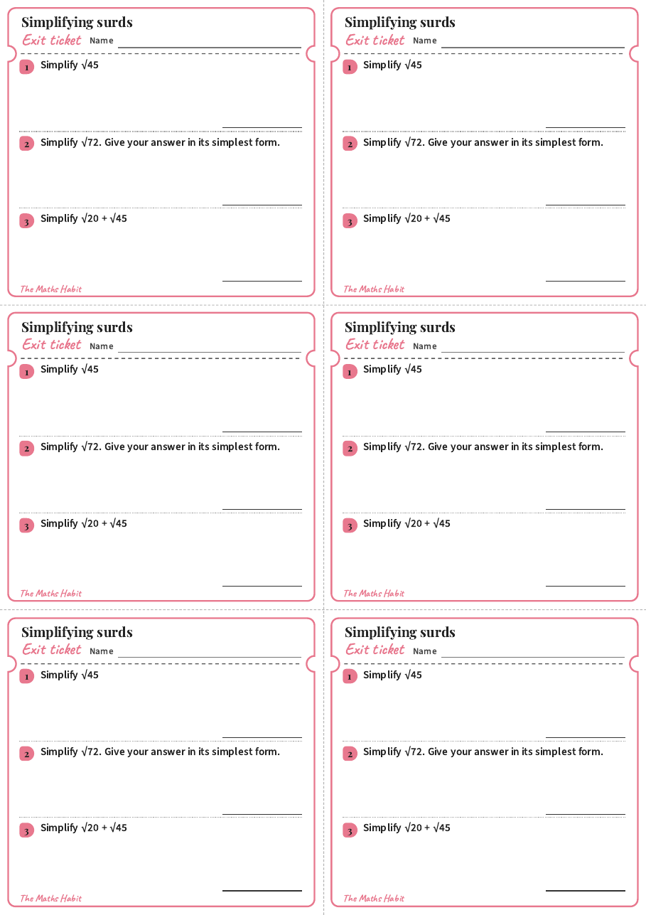 Simplifying surds, exit tickets