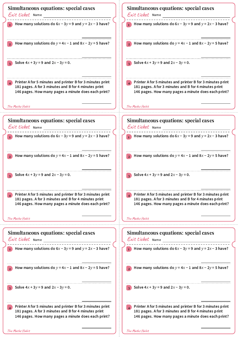 Simultaneous equations: special cases, exit tickets