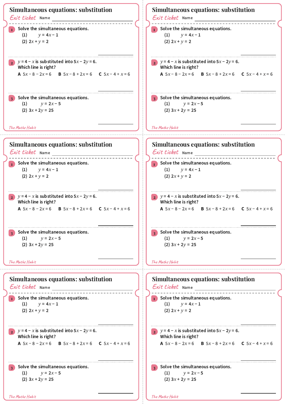 Simultaneous equations: substitution, exit tickets