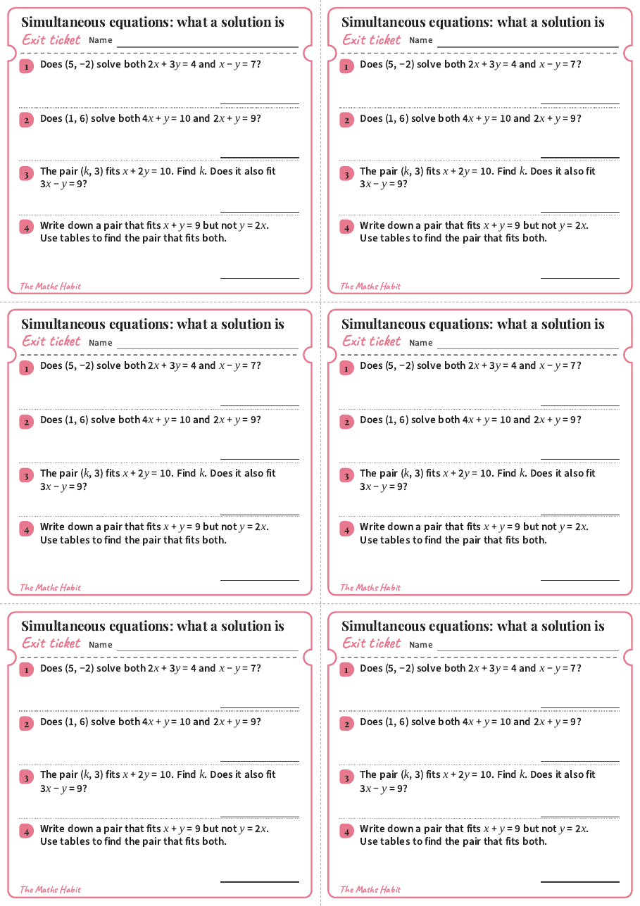Simultaneous equations: what a solution is, exit tickets