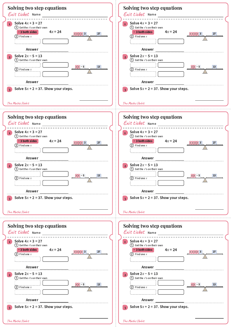 Solving two-step equations, exit tickets
