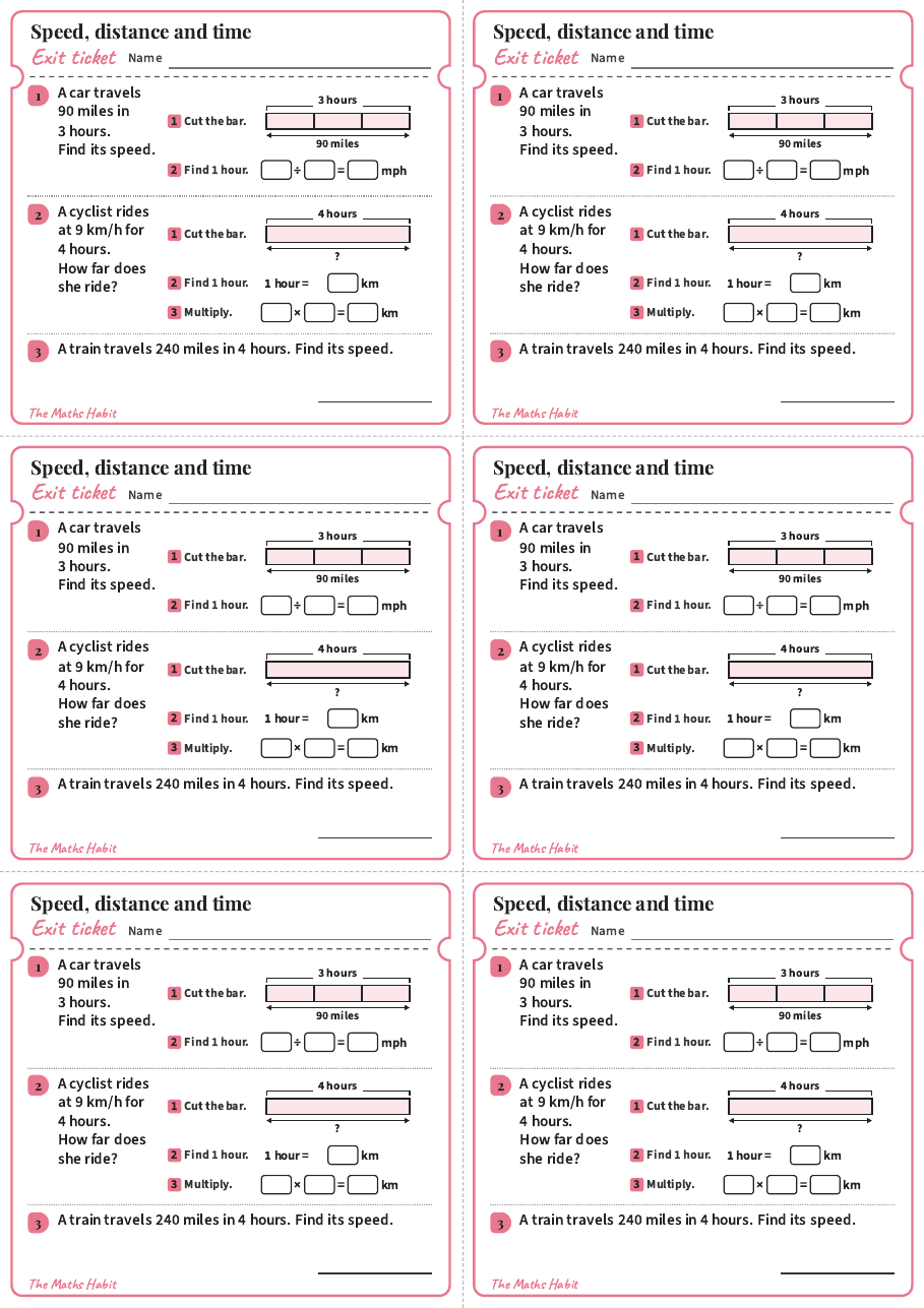 Speed, distance and time, exit tickets