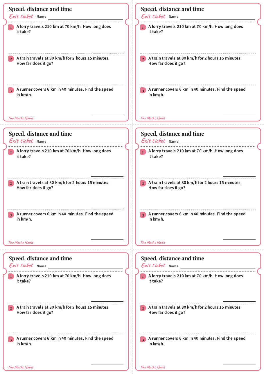 Speed, distance and time, exit tickets