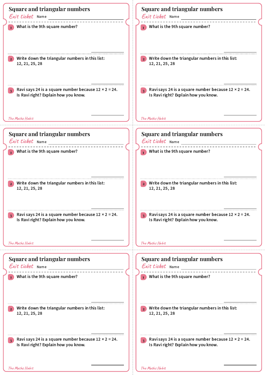 Square and triangular numbers, exit tickets