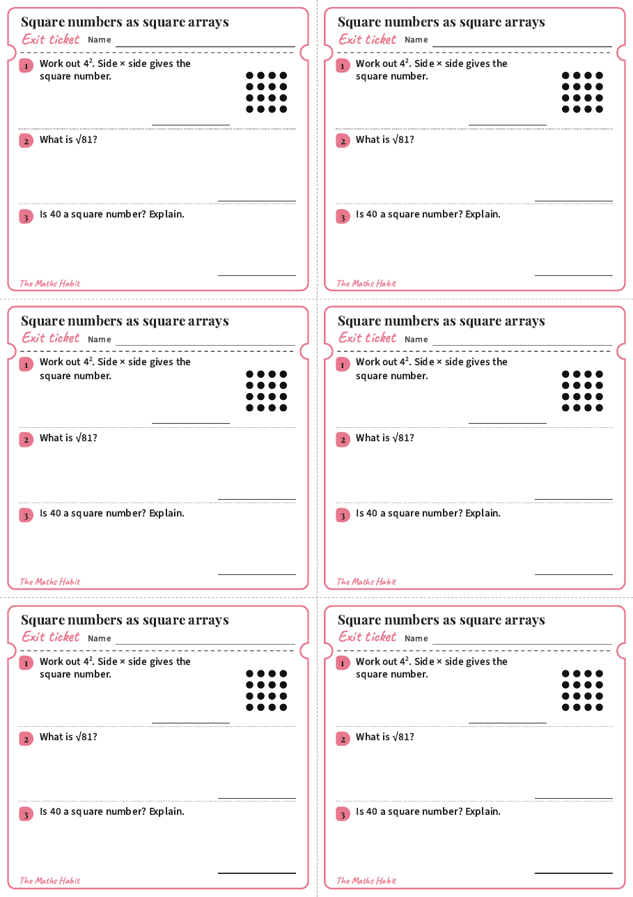 Exit ticket: Square numbers as square arrays, first page