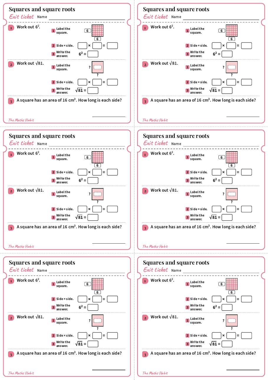 Squares and square roots, exit tickets