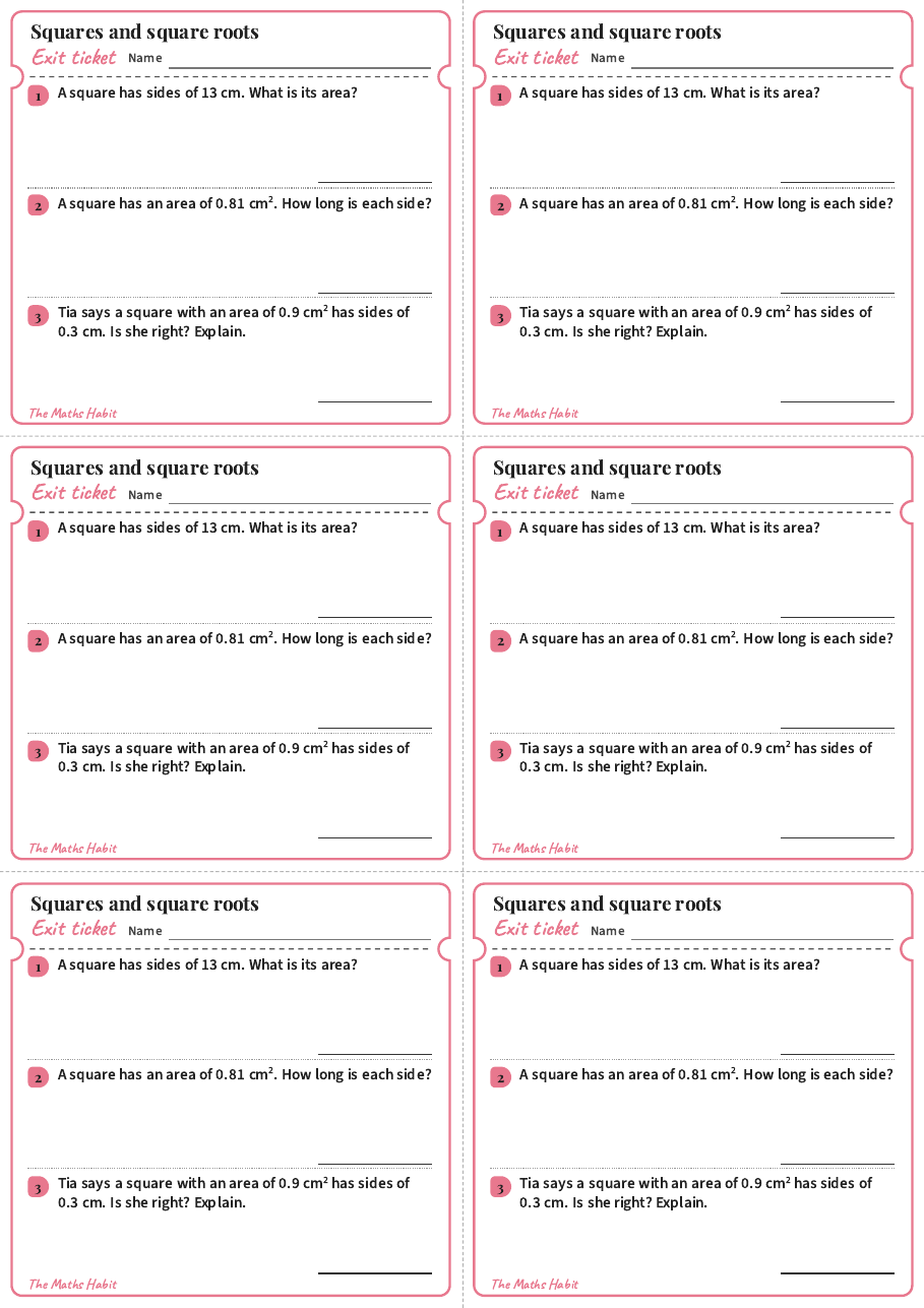 Squares and square roots, exit tickets