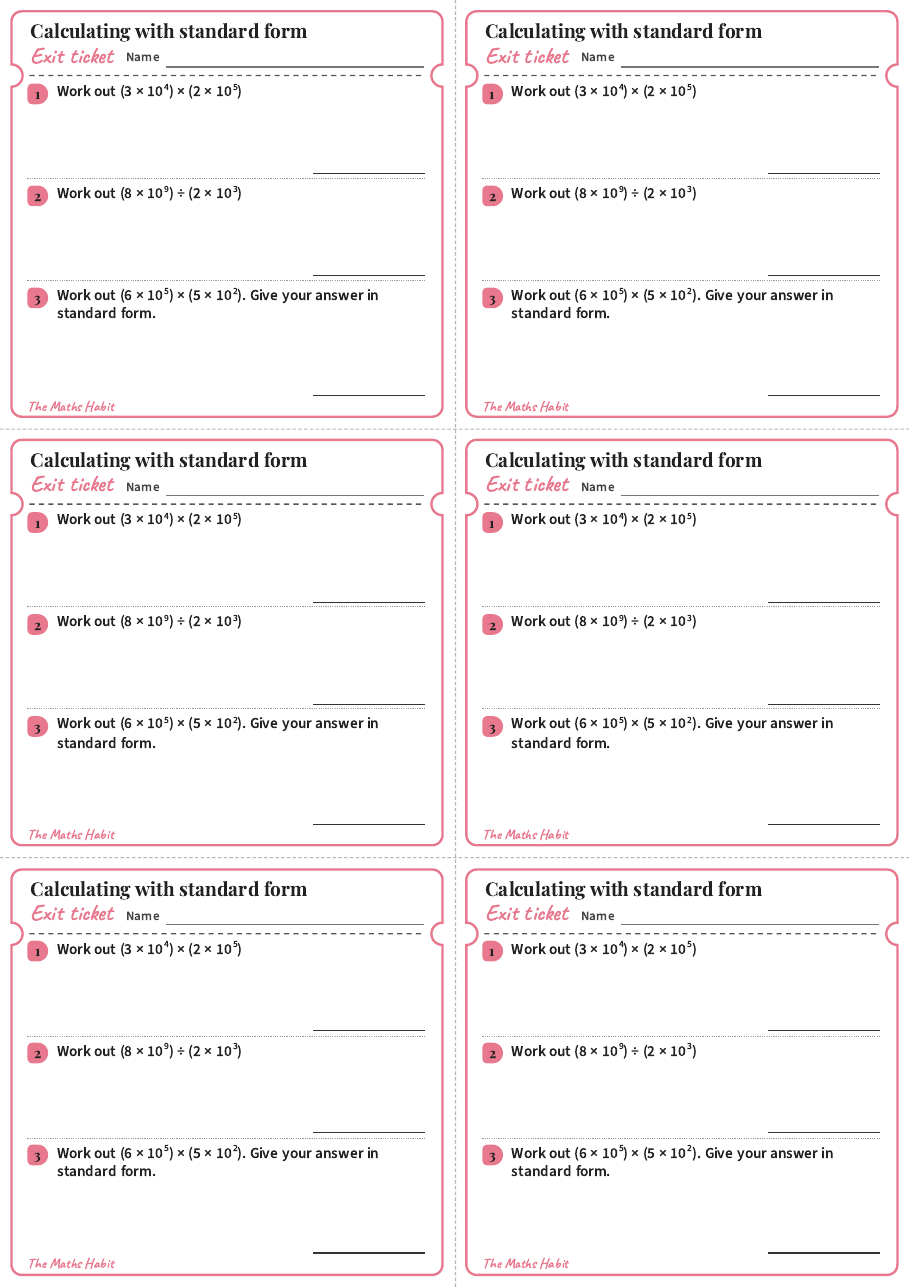Exit ticket: Calculating with standard form, first page