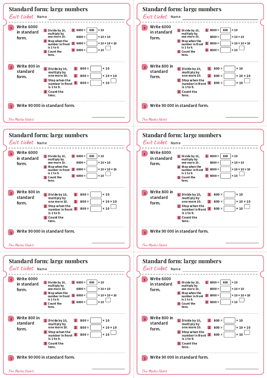 Standard form: large numbers, exit tickets