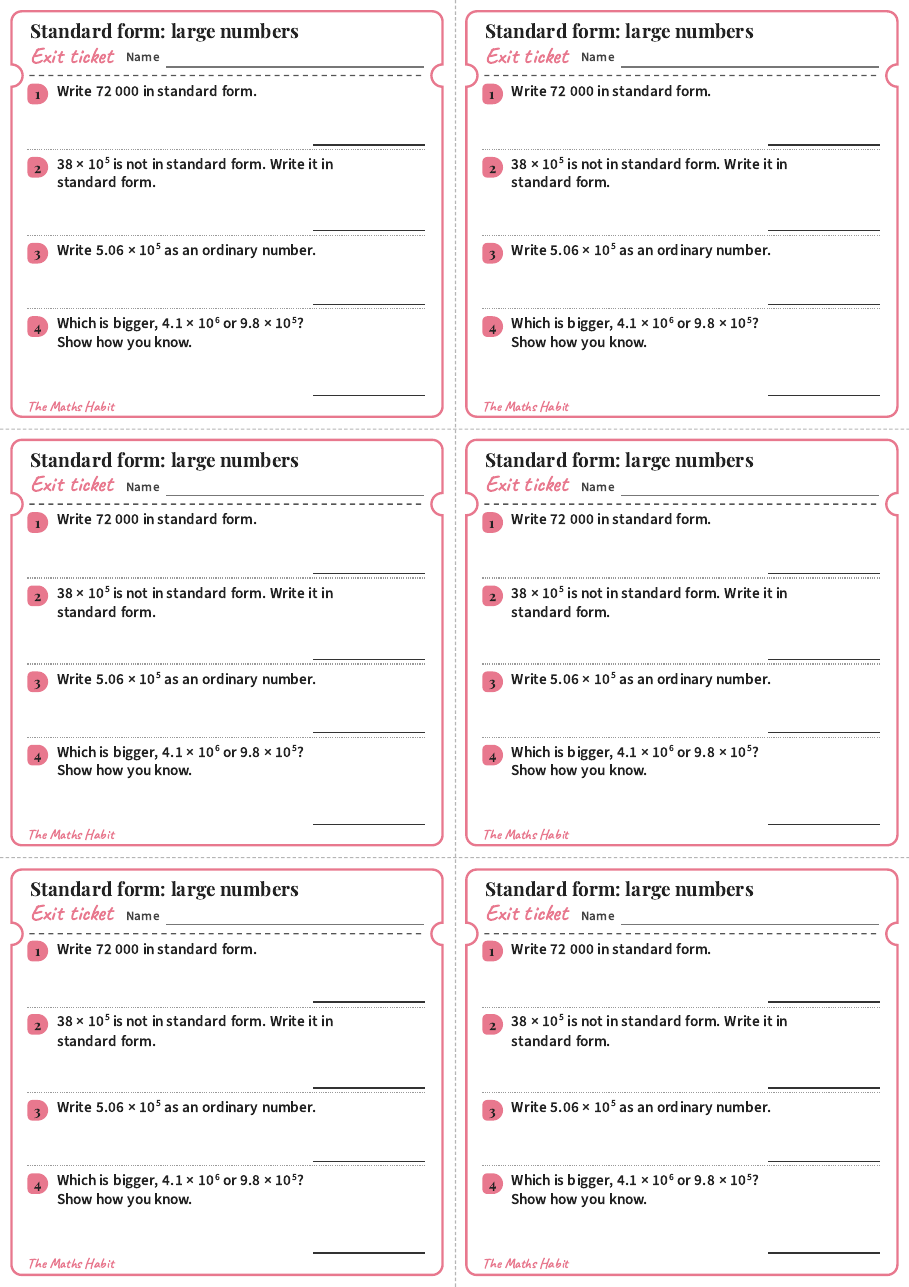 Exit ticket: Standard form: large numbers, first page