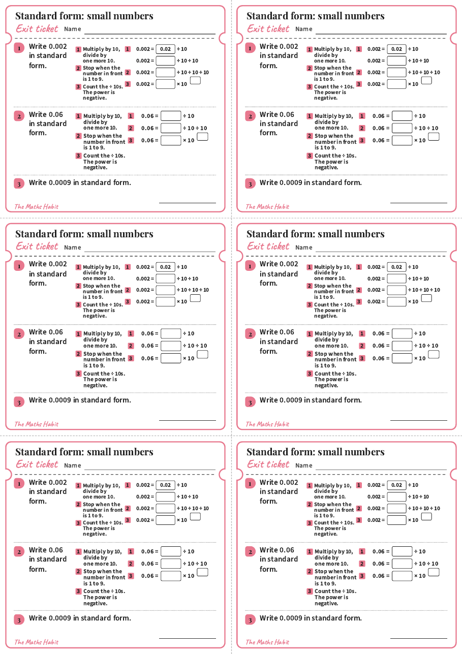 Exit ticket: Standard form: small numbers, first page