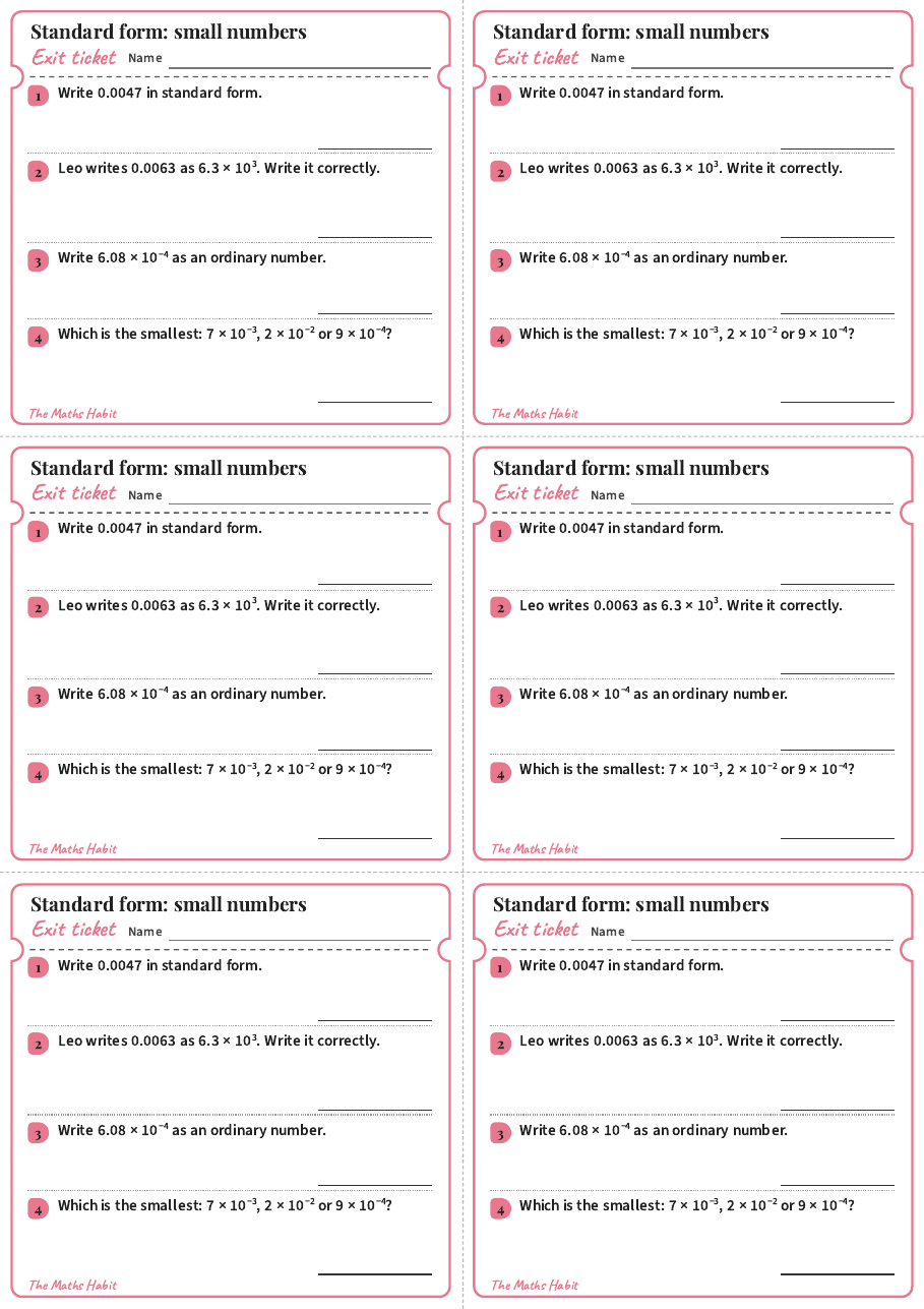 Exit ticket: Standard form: small numbers, first page