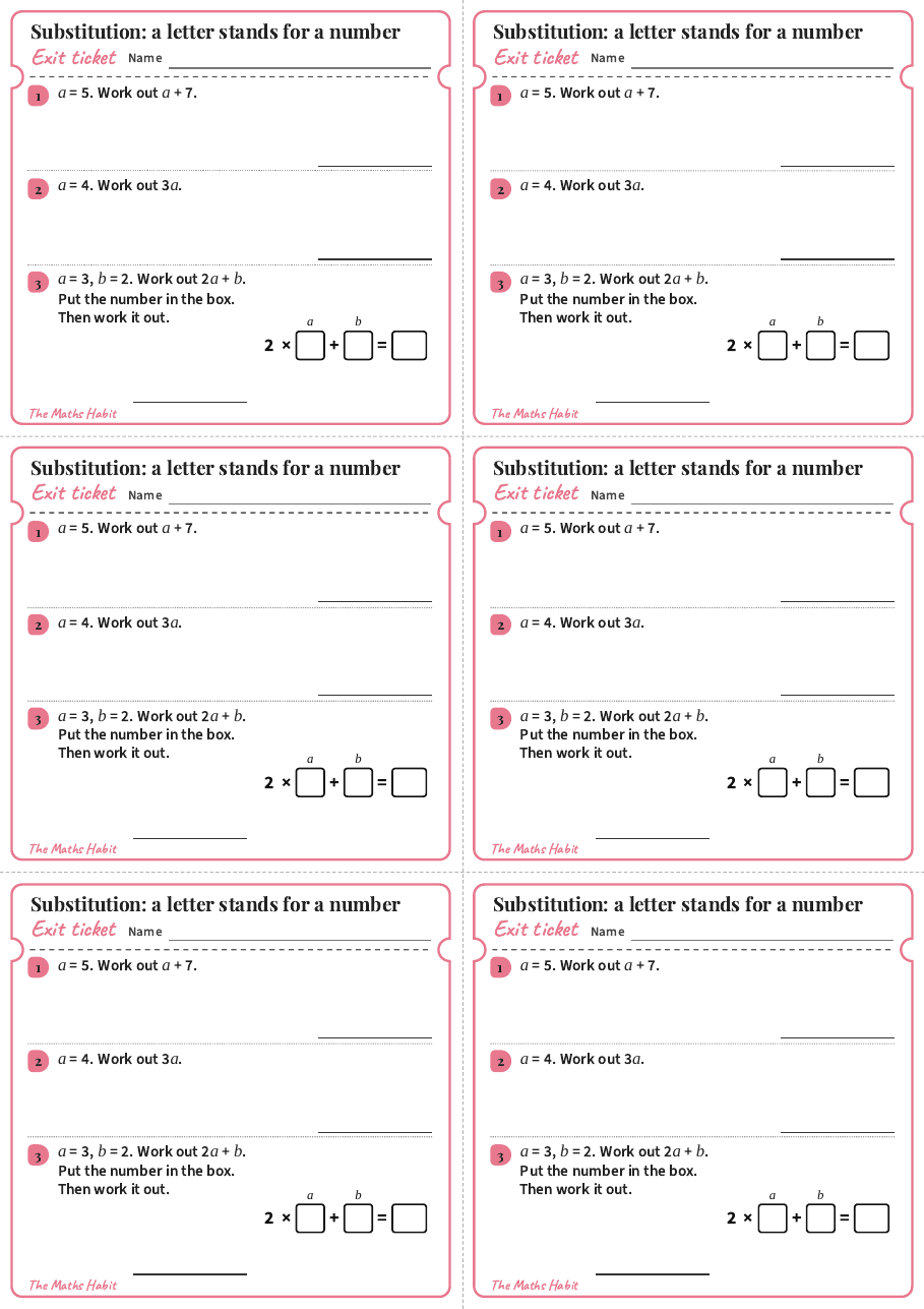 Exit ticket: Substitution: a letter stands for a number, first page