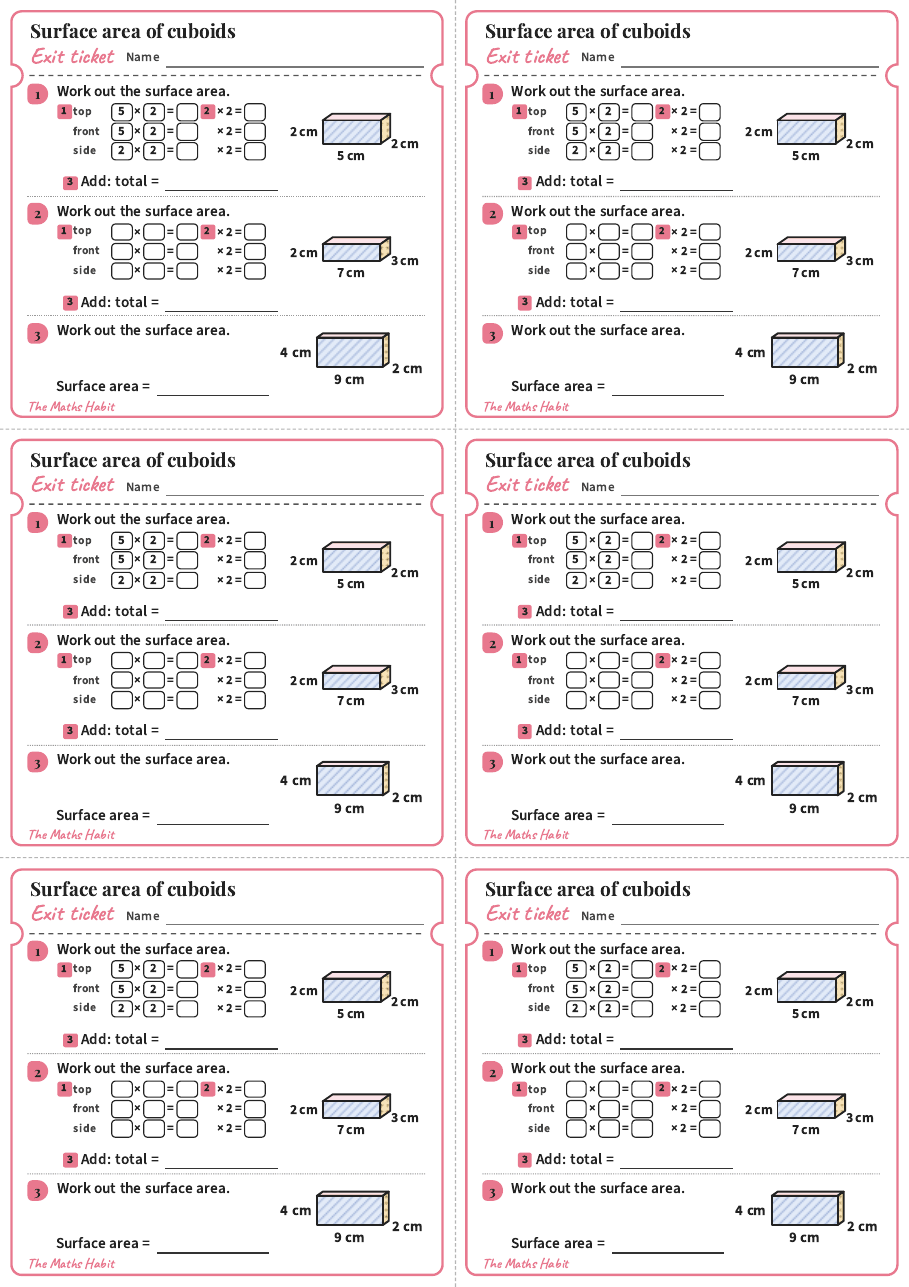 Surface area of cuboids, exit tickets