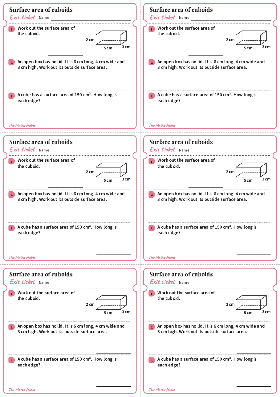 Exit ticket: Surface area of cuboids, first page