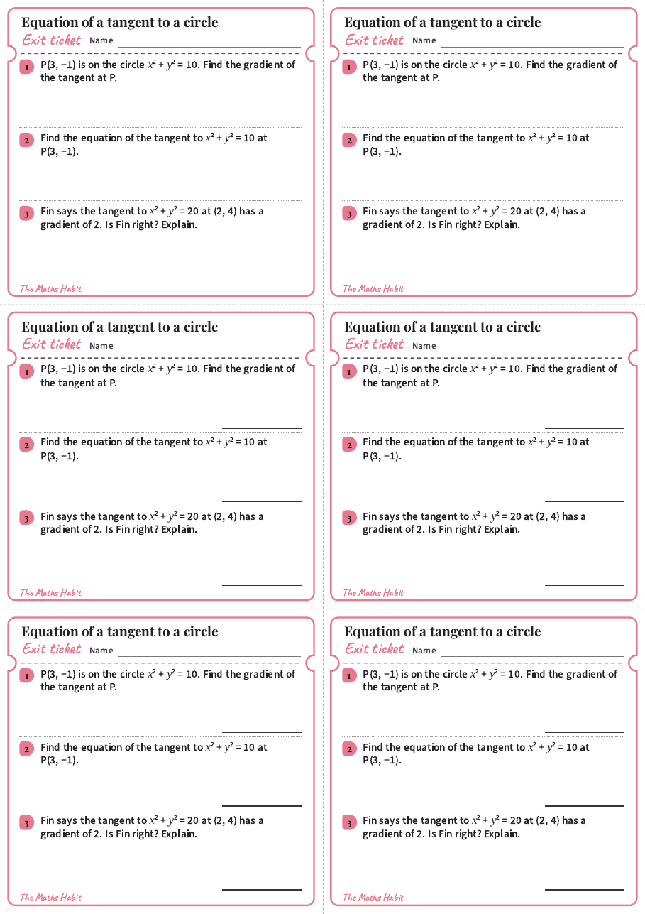 Equation of a tangent to a circle, exit tickets