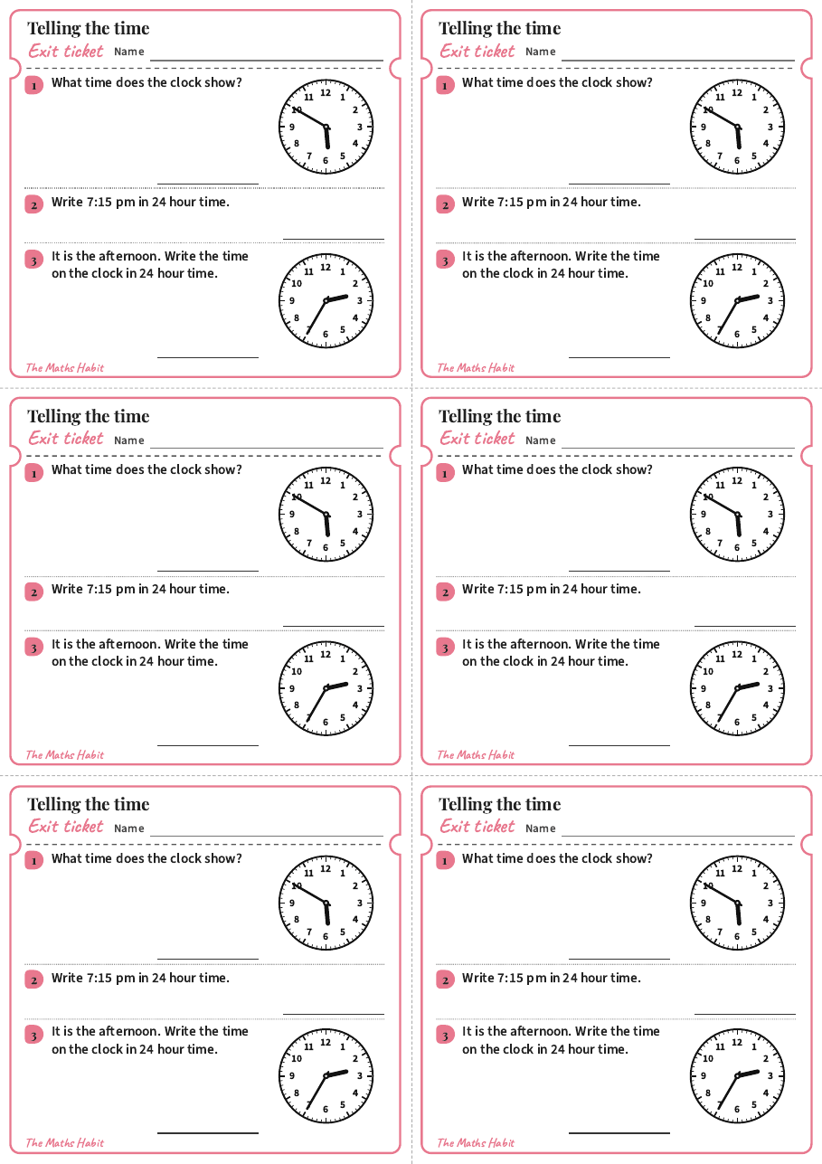 Exit ticket: Telling the time, first page