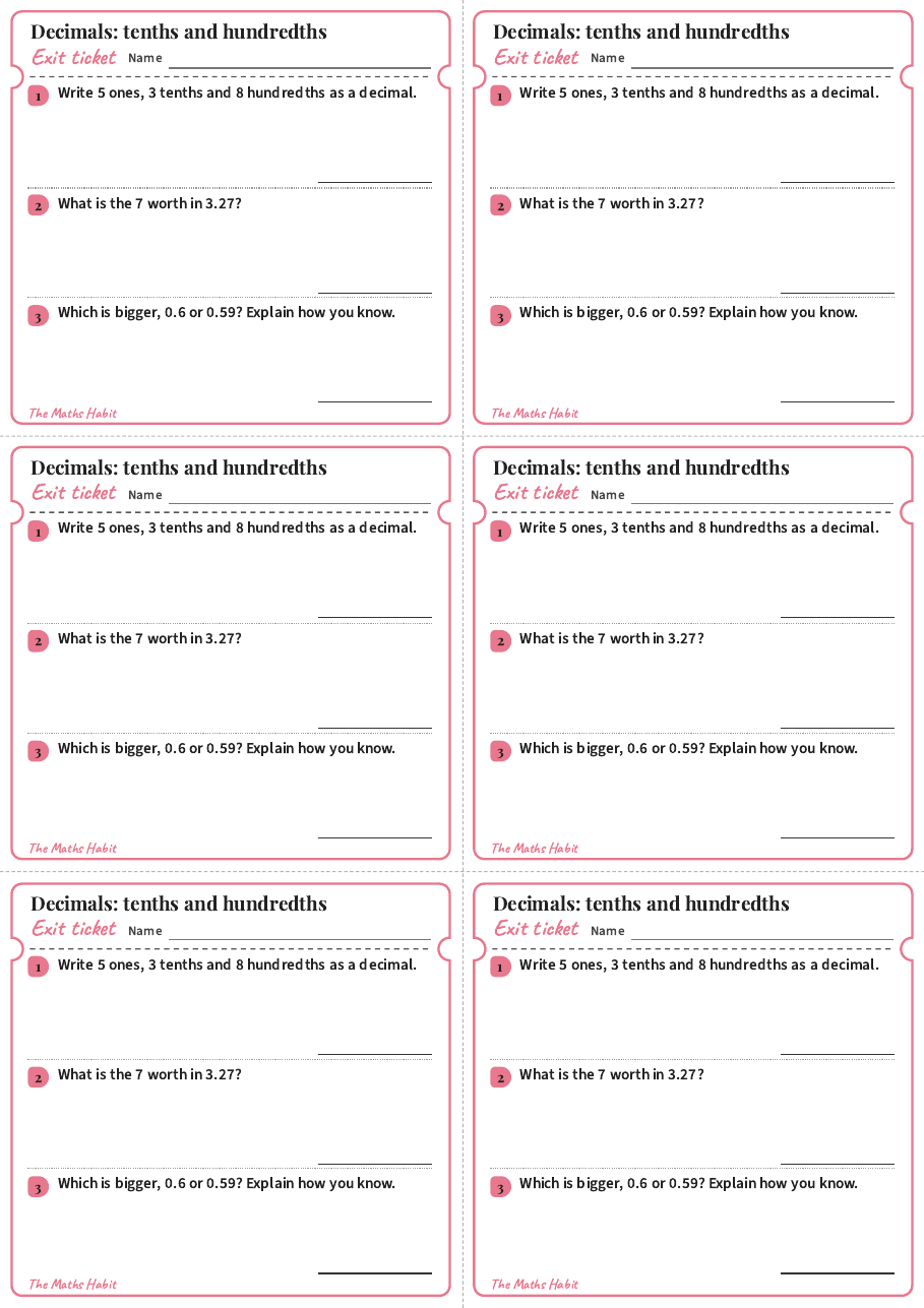 Exit ticket: Decimals: tenths and hundredths, first page