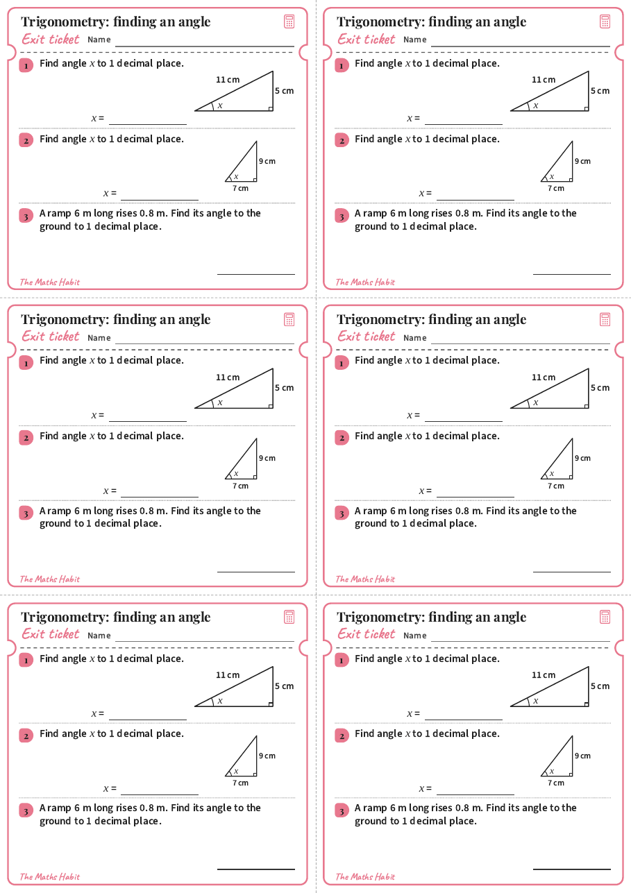 Trigonometry: finding an angle, exit tickets
