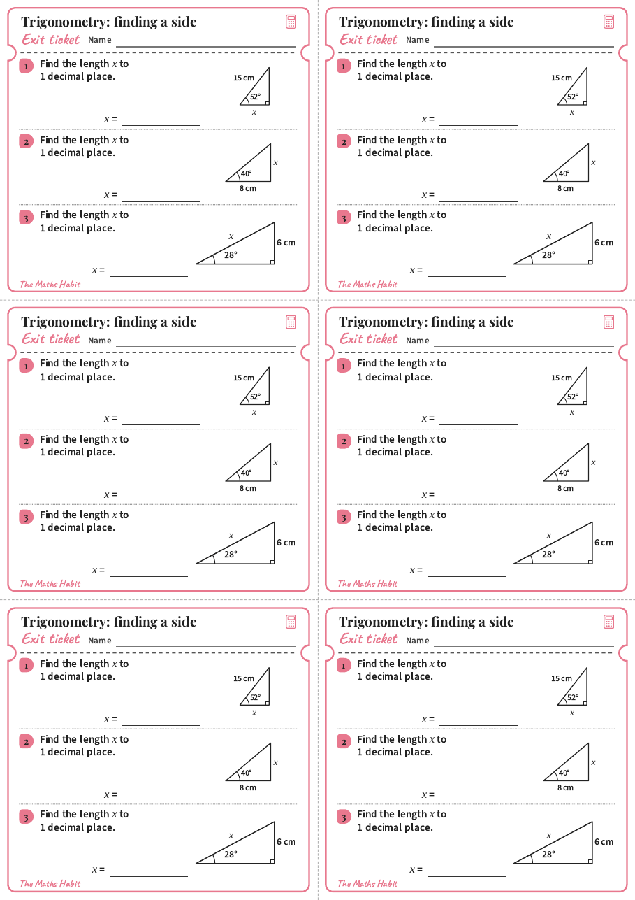 Trigonometry: finding a side, exit tickets