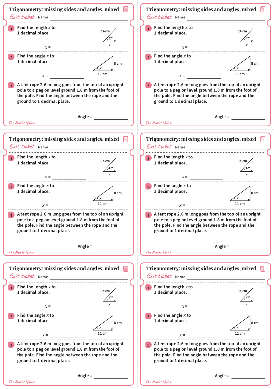 Trigonometry: missing sides and angles, mixed, exit tickets