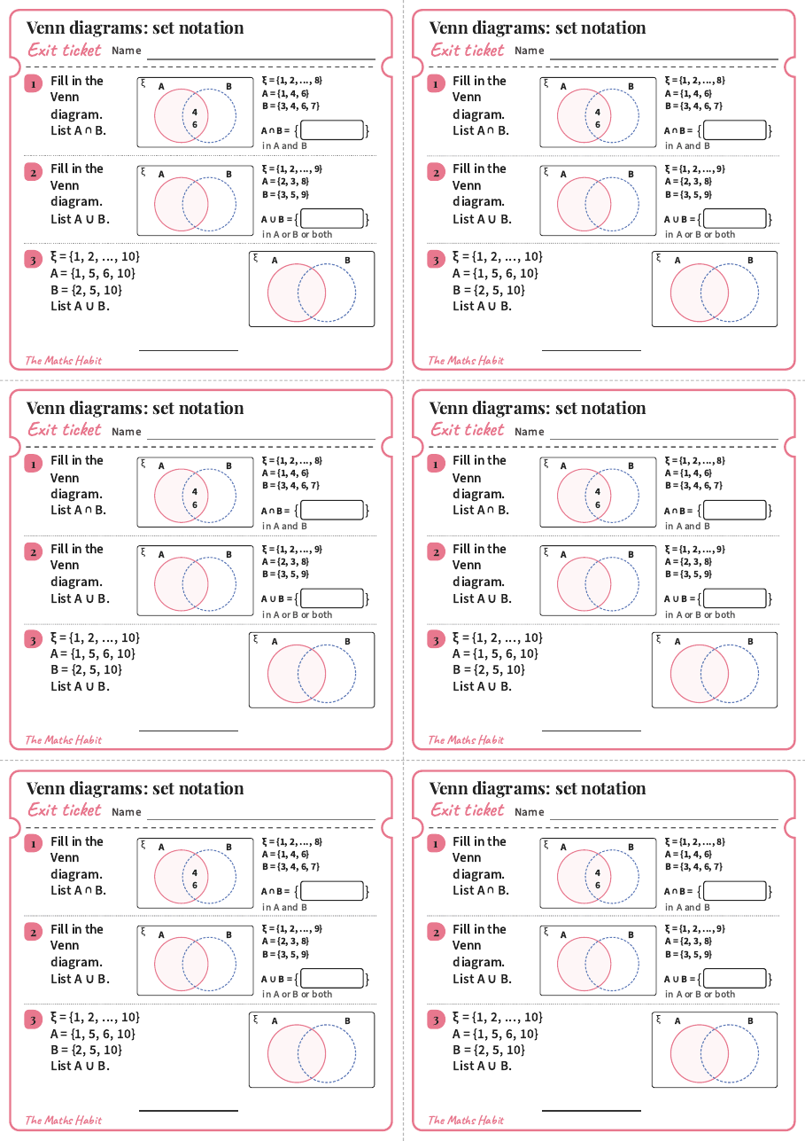 Venn diagrams: set notation, exit tickets