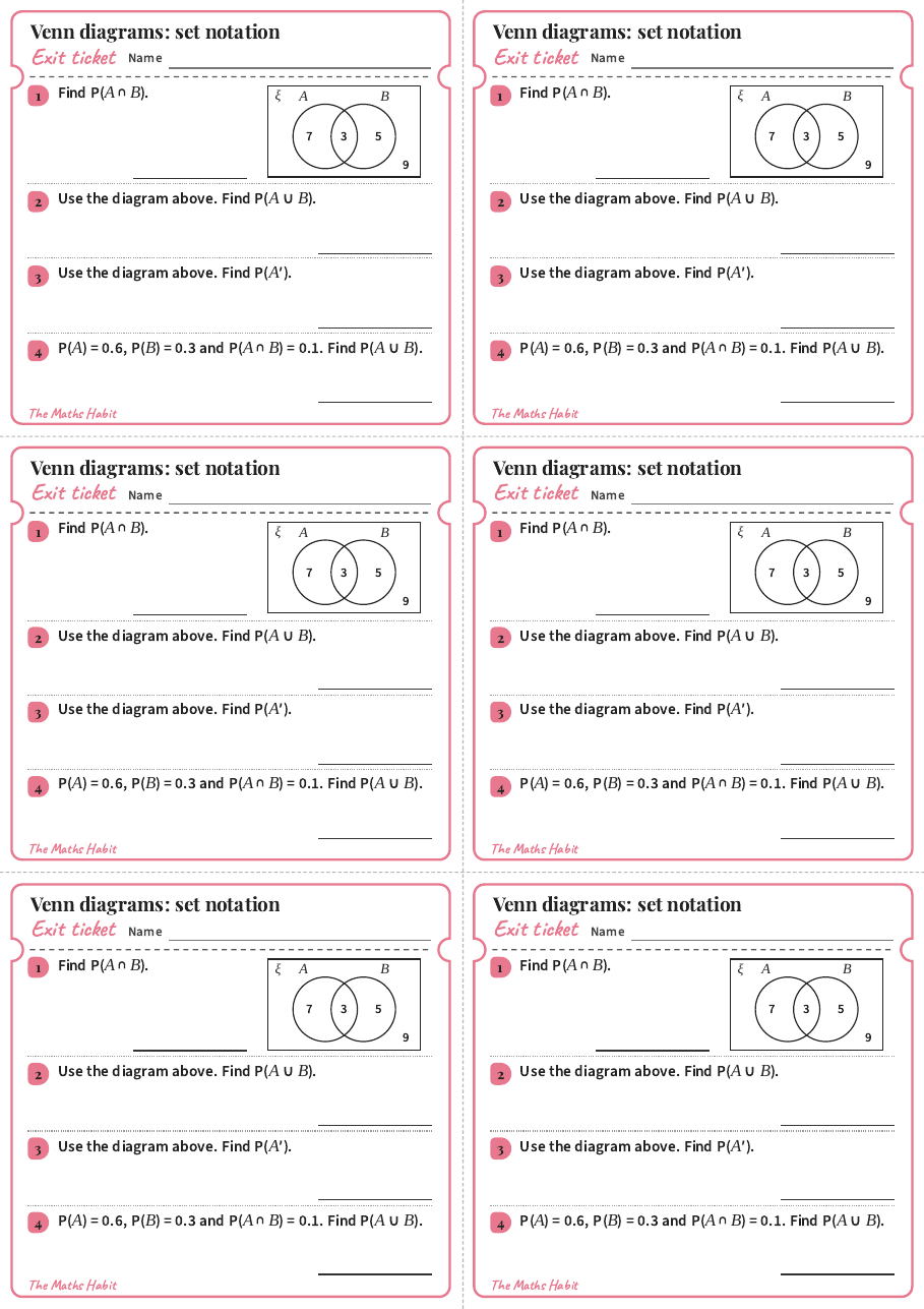 Venn diagrams: set notation, exit tickets